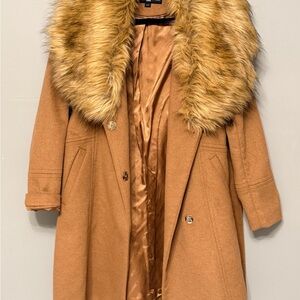 Karl Lagerfeld Tan Trench Coat with Faux Fur Collar